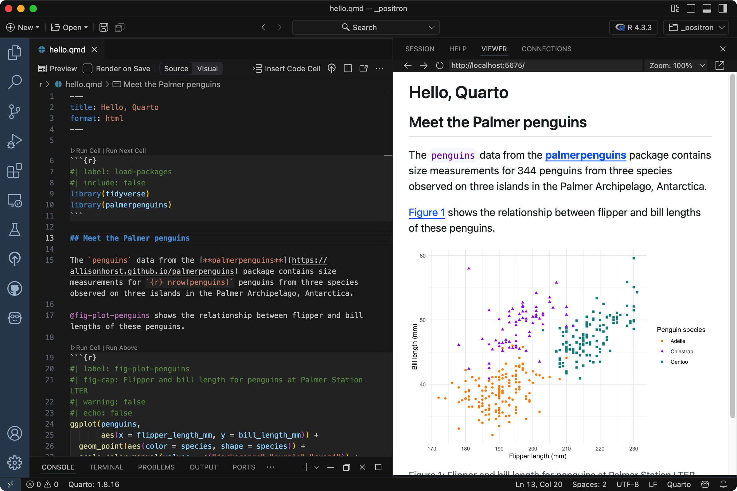 Positron with `hello.qmd` open in the Editor, and a preview open in the Viewer. The Editor shows a markdown section updated to 'Meet the Palmer penguins', the Viewer shows the same updated section title.