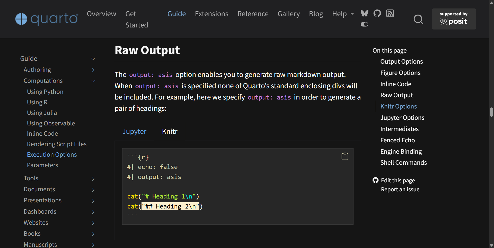Quarto website showing search result highlighting: the Knitr tab is activated inside a tabset, yellow highlighted marks appear on code lines containing cat statements, and the page is scrolled to the Raw Output section.